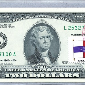 Carta moneta USA *Banconota da 2 dollari *Banconota della Federal Reserve *Francobolli da due dollari *Banconota valuta UNC *Regali da collezione *Bandiera delle Antille Olandesi