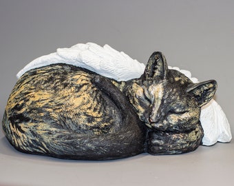 Tortoiseshell Cat Urn *Tortie Pet Angel Wings Memorial *Cremation Statue Ashes *Funeral Keepsake Outdoor *Unique Burial Casket Custom Paint