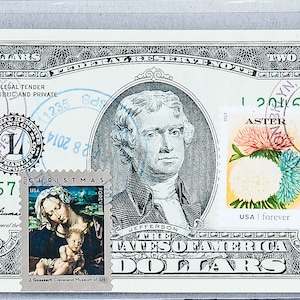 Zwei Dollarschein *Papiergeld US *Jungfrau Maria Geschenke *2 Dollar Stempel *Geldschein *Banknote Gem Bunt *Religiöses Dekor *Weihnachtskollektion