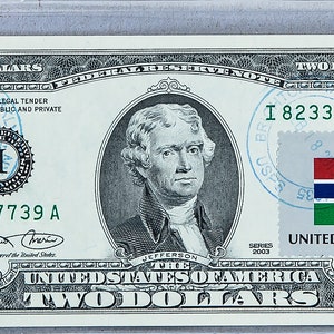 Francobolli da due dollari *Banconota da 2 dollari USA *Valuta cartacea *Banconota della Federal Reserve Bank *Gemma non circolata *Decorazioni per hotel *Regalo bandiera del Gambia