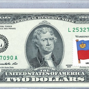 Geldscheine *2 Dollarschein *Papiergeld US *Liechtenstein Flagge *Federal Reserve *Zwei Dollar Briefmarken *Banknote Sammlerstück Unc *Banker Geschenk