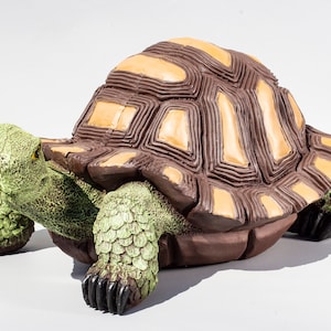 Puede incluir: Una figurita de tortuga marrón y beige con cabeza y patas verdes. La tortuga tiene un caparazón detallado con rayas marrones y beige.