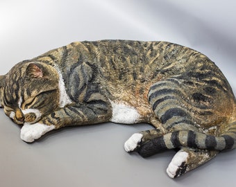 Cat Memorial Urn *Sleeping Pet Custom Paint *Cremation Statue Ashes Holder *Burial Casket Mackerel Kitty Loss *Unique Funeral Keepsake Decor