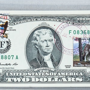Zwei Dollar Briefmarken *Geld 2 Dollar Schein *Papiergeld US *Federal Reserve Note* Banknote Gem Unc *USPS Post Stamp Tier Wolf *Geburtstagsgeschenke