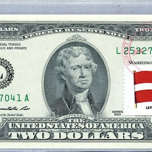 Geldscheine * 2 Dollar-Schein * Papiergeld US * US Notenbank * US Notenbank * Zwei Dollar Briefmarken * Banknoten Sammlerstück * Geschäftsgeschenke * Lettland Flagge