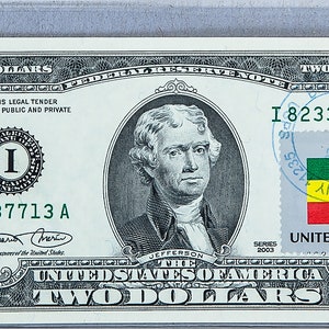 Francobolli da due dollari *Banconota da 2 dollari USA *Carta moneta *Federal Reserve Bank *Gem Unc *Decorazioni per hotel *Regali di compleanno *Bandiera dell'Etiopia