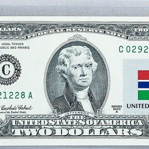 2 Dollar Bill *Federal Reserve Bank Note *Zwei Dollar US *Papiergeld Gem UNC *Business Geschenk *Währungsnotizen *Gambia Country Flagge *USPS Briefmarke