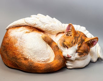 White Orange Cat Urn *Sleeping Cat Angel Wings *Pet Memorial Custom Paint *Cremation Statue Ashes Decorative *Animal Loss Grave Sculpture