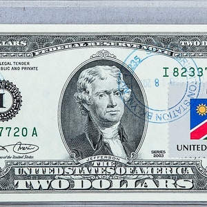 Francobolli da due dollari *Banconota da 2 dollari USA *Valuta cartacea *Banconota della Federal Reserve *Gemma non circolata *Decorazione per hotel *Regali di compleanno *Bandiera della Namibia