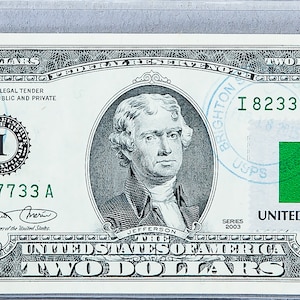 Geldscheine US *2 Dollar Bill *Federal Reserve Bank *Papiergeld *Two Dollar *Banknote Gem Unc *Country Gift *Mali Flagge *USPS Stamp Decor