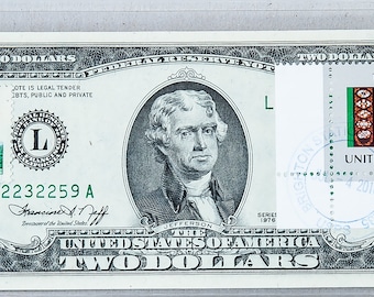 1976 Two Dollar Bill *2 Dollar Stamp *Paper Money *Federal Reserve Note *Country Flag Gift *Office Decor *Turkmenistan Flag *US Post Stamps