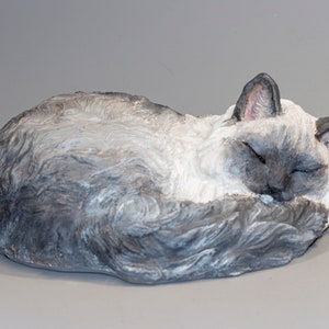 Longhaired Sleeping Cat Urn *Unique Pet Memorial Custom Paint *Cremation Statue Ashes Holder *Animal Loss Funeral Burial Casket Home Outdoor