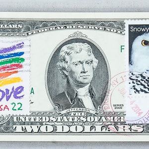Zwei Dollarschein *Papiergeld Gem *Federal Reserve Note *Banknote US Währung *2 Dollar Stempel *Glücksgeld *Lehrergeschenk *Schnee Eule Dekor