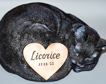 Black Cat Urn for Ashes *Cremation Statue Pet Heart Plaque *Sleeping Funeral Memorial Sculpture *Burial Casket Keepsake Unique Sympathy Gift