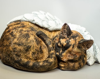 Tortie Cat Urn With Personalization *Tortoiseshell Sleeping Cat Angel Wings Memorial *Cremation Statue Pet Ashes *Keepsake Grave Sculpture