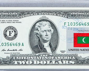 2 Dollar Bill *Two Dollar Note *Federal Reserve Bank *Paper Money Currency US *Business Gift *Hotel Decor *Maldives Flag *Country Post Stamp