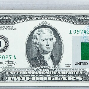 Zwei Dollar Briefmarken *US 2 Dollar Schein *Papiergeld *Gem Unc *Federal Reserve Note *Büro Deko *Banknote Währung *Geburtstagsgeschenk *Sambien Flagge