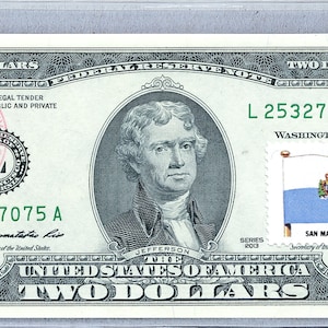 Papiergeld US *2 Dollar-Schein *Federal Reserve Note *Zwei Dollar Briefmarken *Banknote Währung *Business Dekor *Sammler Geschenk *San Marino Flagge