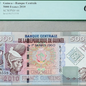 Guine Banknote *5000 Francs 2010 *Papiergeld Afrika *Banque Centrale Währung *Zertifikat PCGS *Benotet mit 66 PPQ *GEM New *Geldschein Stempelglanz