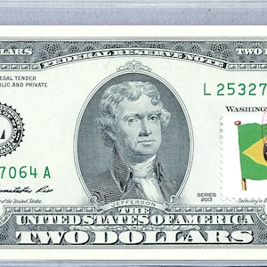 Fed Note * 2 Dollar Bill * Brasilien Flagge * Papiergeld US * Zwei Dollar Briefmarken * Banknote Währung * Gem Unc * Business Souvenir Geschenke