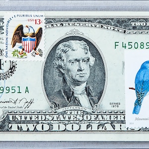 Banconota da due dollari del 1976 *Carta moneta da collezione *Denaro statunitense UNC *Banconota da 2 dollari *Soldi fortunati *Banconota americana *Uccello francobollo *Regalo aziendale