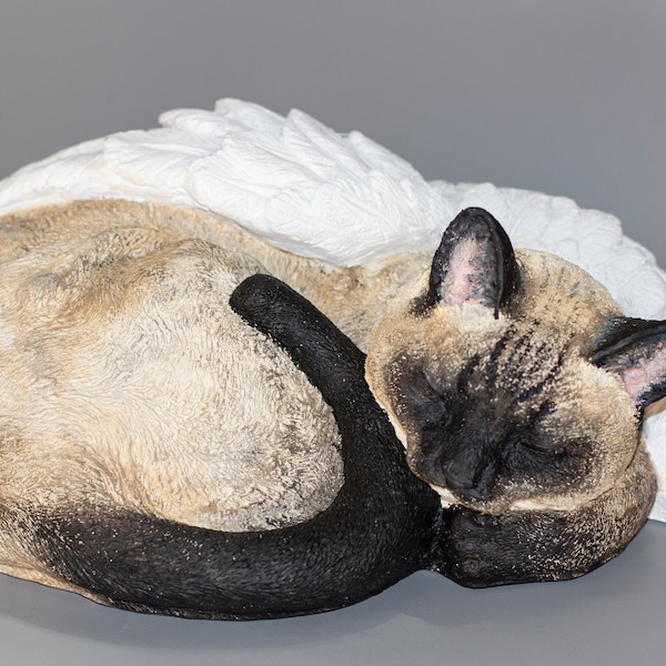 Siamese Cat Urn Ashes Holder Personalized *Sleeping Pet Angel Wings Memorial *Unique Cremation Sculpture *Custom Paint Animal Grave Keepsake