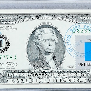 Geldscheine US * 2 Dollar Bill *Federal Reserve Bank *Papiergeld Zwei Dollar *Gem Unzirkuliert *Business Geschenke *Flaggenbriefmarken der Vereinigten Staaten von Amerika