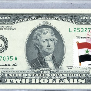 Banconota da 2 dollari USA *Carta moneta *Banconota della Federal Reserve *Francobolli da due dollari *Banconota Gemma Unc *Bandiera del paese *Arredo per ufficio *Regalo per lui