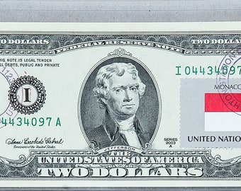 Zwei Dollarschein *US 2 Dollar Briefmarken *Papiergeld Währung *Federal Reserve Bank Note *Sammler Geschenk *Monaco National Flagge *US Post Briefmarken