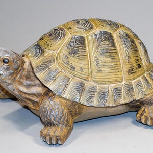 Peut inclure: Figurine de tortue en céramique. La carapace est beige et marron avec un motif détaillé. La tête et les pattes de la tortue sont de couleurs similaires, avec une texture et des détails visibles. Objet décoratif.