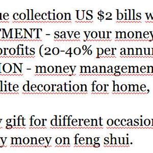 May include: A list of reasons why collecting US $2 bills with post stamps is a good idea. The list includes reasons like: collectible, profitable investment, financial education, interior decor, unique gift, and superstition.
