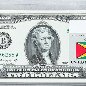 2 Dollar Bill *Federal Reserve Note *Zwei Dollar Banknote *Papiergeld Gem UNC *Business Art Geschenk *Währungsnotizen *Guyana Country Flagge Briefmarken