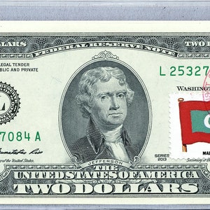 Geldschein *Two Dollar Note *Papiergeld US *Federal Reserve *2 Dollar Briefmarken *Banknote Sammlerstück *Business Geschenk *Malediven Flagge