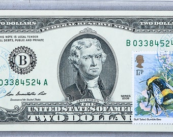 Two Dollar Bill *Paper Money US *2 Dollar Stamps *Federal Reserve Note *Gem Unc *Lucky Decor *Collectible Currency *Bumble Bee Mother Gifts