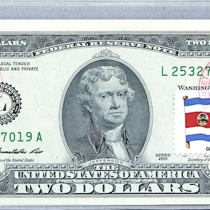Carta moneta USA *Banconota da 2 dollari *Bandiera della Costa Rica *Banconota della Federal Reserve *Francobolli da due dollari *Banconota valuta UNC *Regali aziendali da collezione