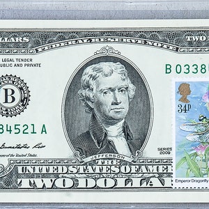 Francobollo da due dollari *Carta moneta USA *Banconota della Federal Reserve *Banconota da 2 dollari *Decorazione da collezione rara e unica *Banconota valuta *Regalo fortunato Libellula