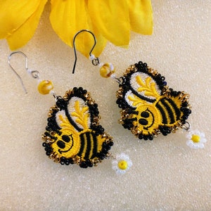 Bee Beaded Embroidered Statement Earrings, Insect and Animal Jewelry