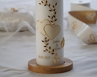 Traukerze personalisiert mit passendem Kerzenteller, Brautkerze, Hochzeit 2026, inkl. Karton, Wachsdekor handgefertigt, HSet001