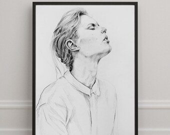 Breath in, Drawing Sketch, PRINT, Wall Art, Illustration model, Hand Drawn Portrait Pencil Artwork