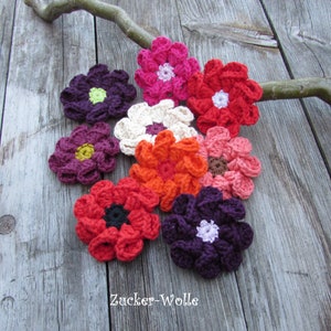 Könnte beinhalten: Eine Sammlung von acht gehäkelten Blumen in verschiedenen Farben, darunter Lila, Rosa, Rot, Orange und Weiß. Die Blumen sind auf einer Holzoberfläche angeordnet. Der Text "Zucker-Wolle" ist in der rechten unteren Ecke des Bildes sichtbar.