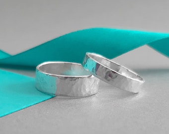 Recycled sterling silver ring set | Handmade personalised hammer textured bands in 4mm and 6mm widths | His and hers matching rings
