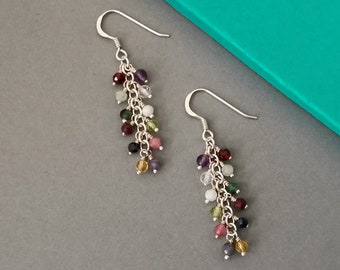 Sterling silver and mixed gemstone earrings | Handmade dangling silver chain with rainbow birthstone cluster dangle earrings | Gift for her