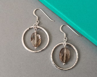 Sterling silver and smoky quartz dangle earrings | Handmade hammer textured halo hoops and dangling oval gemstone earrings