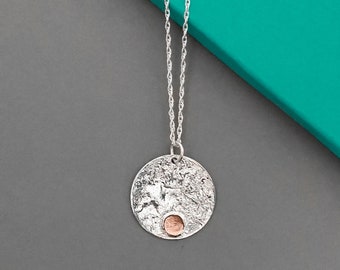 Sterling silver and copper necklace | Handmade mixed metal two tone molten disc pendant fusing silver and copper on an 18 inch chain