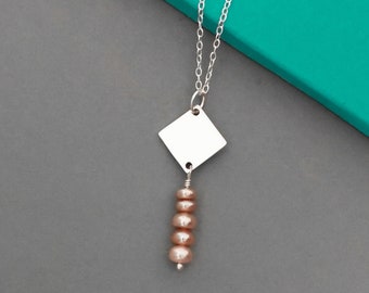 Sterling silver and pink pearl necklace | Handmade satin polished silver square and dyed freshwater cultured pearl pendant on 18 inch chain