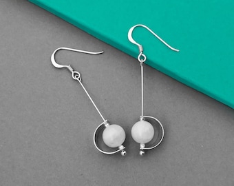 Sterling silver and moonstone earrings | Handmade long elegant dangling drop with silver crescent design and gemstone dangle earrings