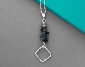 Sterling Silver and Kyanite Necklace | Handmade silver twist textured square and blue gemstone pendant on an 18 inch chain