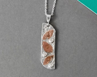 Sterling silver, copper and cubic zirconia necklace | Handmade abstract autumn leaf and rain mixed metal and white gemstones pendant