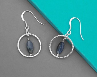 Sterling silver and kyanite earrings | Handmade hammer textured silver hoops and dangling oval blue gemstone dangle earrings for her