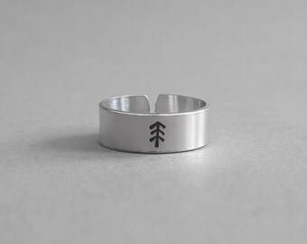 Adjustable Pine Tree Ring Sterling Silver or Eco Silver nature jewellery gift Wide Aluminium Rings for men or women Simple Thumb Ring